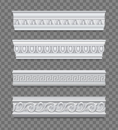 Fragments of mold cornices with classical pattern for wall decoration isolated on transparent background realistic vector illustrationのイラスト素材