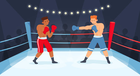 Fighters flat composition with indoor view of boxing ring with pair of male boxers and audience vector illustrationのイラスト素材
