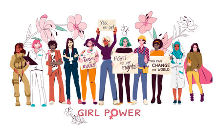 Girl power flat design concept with international female group holding placards with various slogans vector illustrationのイラスト素材