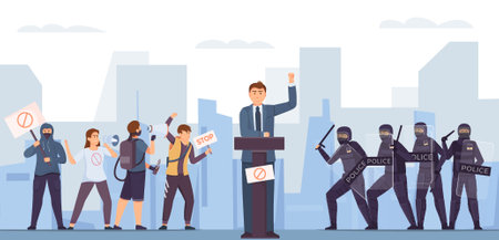 Protest revolution flat colored composition people protesting are attacked by police officers  vector illustrationのイラスト素材