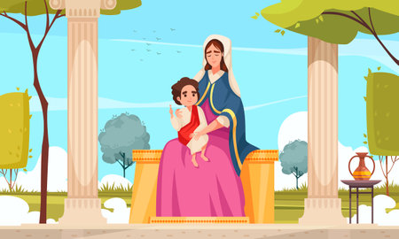 Virgin Mary holding baby Jesus child Bible cartoon vector illustrationのイラスト素材