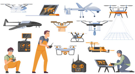 Drones icons set with unmanned aerial vehicles symbols flat isolated vector illustrationのイラスト素材