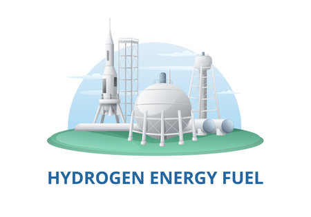 Green hydrogen energy fuel generation cartoon background composition with text and industrial buildings with rocket pad vector illustrationのイラスト素材