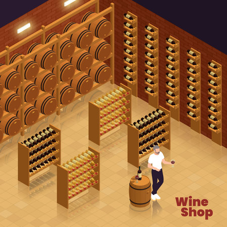 Small family business isometric composition with indoor view of winery showroom with shelves bottles wooden barrels vector illustrationのイラスト素材