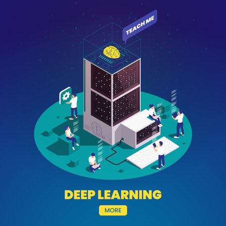 Machine learning deep learning isometric composition with round platform and people connecting gadgets to intelligent server vector illustrationのイラスト素材