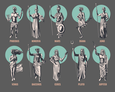 Greek olympian gods and goddesses with their names isolated on color background flat vector illustrationのイラスト素材