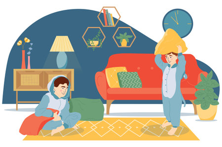 Pajama party flat concept with kids playing in pyjama jumpsuits vector illustrationのイラスト素材