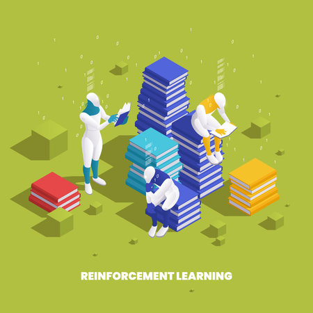 Machine learning deep learning isometric composition with view of cyborgs sitting on stacks of books reading vector illustrationのイラスト素材