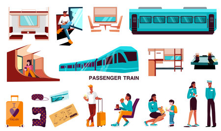 Passenger train flat set of traveling people with baggage waiting for a transport at station and sitting in wagon isolated vector illustrationのイラスト素材