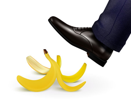 Male foot going to step on banana peel realistic composition on white background vector illustrationのイラスト素材