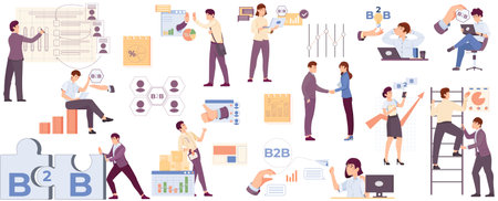 Business to business icons set with purchase and investor symbols flat isolated vector illustrationのイラスト素材