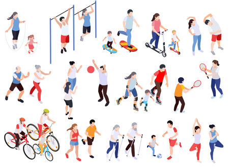 Regular sport physical activity people isometric set of isolated human characters with sports equipment and uniform vector illustrationのイラスト素材
