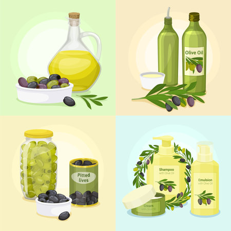 Four squares with olives flat colored icon set oil bottles green and black olives branches and cosmetics vector illustrationのイラスト素材