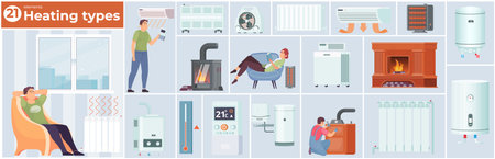 Heating system composition with comfort and winter symbols flat vector illustrationのイラスト素材