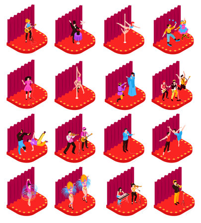 Isometric set of various artists performing on red stage with curtains isolated on white background 3d vector illustrationのイラスト素材
