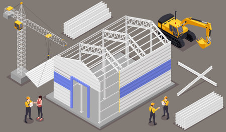 Metal constructions background with industrial buildings engineering symbols isometric vector illustrationのイラスト素材