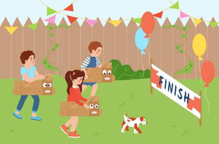 Kids playing racing cars made of cardboard boxes flat poster vector illustrationのイラスト素材