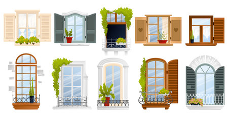 Vintage old european balcony window icon set ten different windows with different shapes sizes and colors vector illustrationのイラスト素材