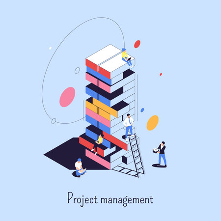 Project management abstract  background with small people on  high tower consisting of loose elements symbolizing business risks isometric vector illustrationのイラスト素材