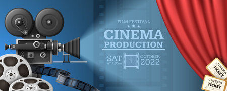 Cinema festival horizontal poster with realistic camcorder reels tickets and red curtains against blue background vector illustrationのイラスト素材
