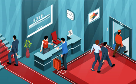 Isometric hotel lobby composition with indoor view of people at reception desk with stairs and elevator vector illustrationのイラスト素材
