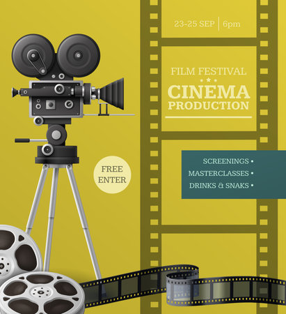 Film festival vertical poster template with camcorder reels and tape on color background realistic vector illustrationのイラスト素材