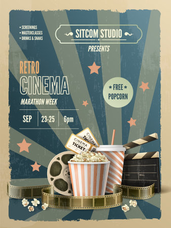 Retro design cinema week invitation poster with popcorn tickets clapper reels realistic vertical vector illustrationのイラスト素材