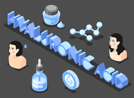 Hyaluronic acid isometric background with composition of 3d text female characters jars and drops of liquid vector illustrationのイラスト素材