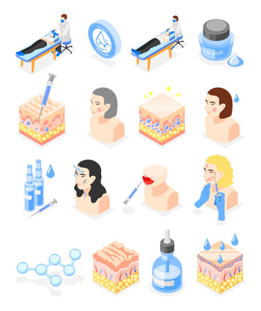 Hyaluronic acid isometric icons collection with isolated female characters skin structure patterns syringe vials and doctors vector illustrationのイラスト素材