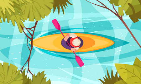 River rafting concept with top view of man in canoe cartoon vector illustrationのイラスト素材