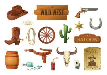 Wild west symbols cartoon set with cowboy hat handgun cactus dynamite lasso saloon signboard wanted poster on white background isolated vector illustrationのイラスト素材