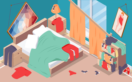 Messy room isometric background with interior and furniture symbols vector illustrationのイラスト素材