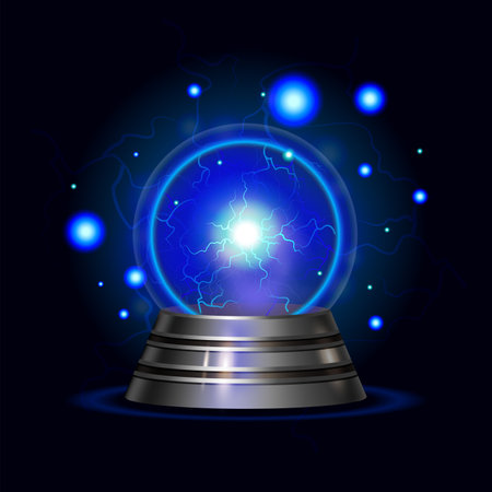 Realistic plasma sphere magic crystal composition magic ball with blue electric lightning vector illustrationのイラスト素材