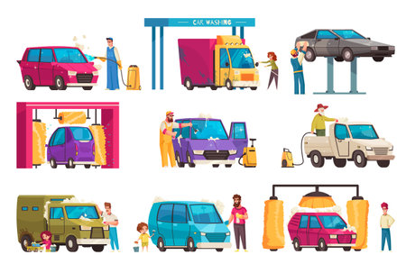 Car wash and vehicle self cleaning service cartoon icons set isolated vector illustrationのイラスト素材