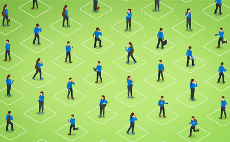 Walking people isometric green background with young casual persons in different angles vector illustrationのイラスト素材