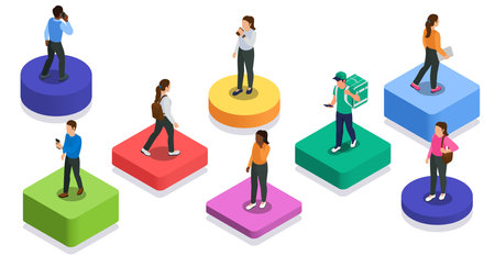 Walking young multiethnic people on colorful isometric geometric shapes going to school and work or delivering food isolated vector illustrationのイラスト素材