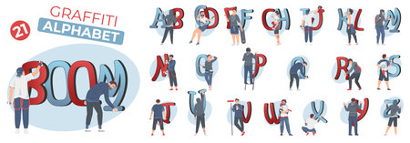 Graffiti alphabet flat composition set of people drawing letters with aerosol paints isolated vector illustrationのイラスト素材