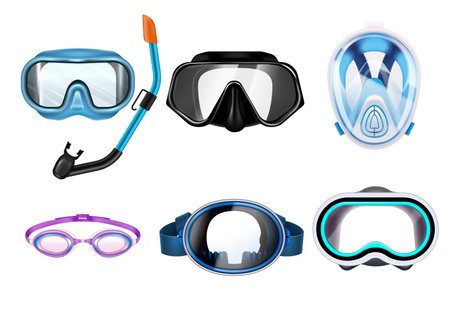 Set of diving snorkelling masks in different colours isolated on white background realistic vector illustrationのイラスト素材