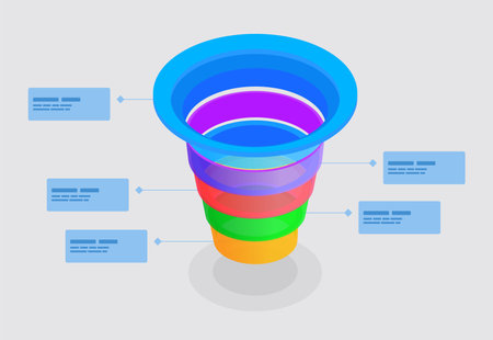 Vertical funnel colorful diagram with four segments infographics template for business presentations isometric vector illustrationのイラスト素材