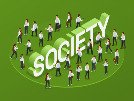 Society isometric green background with walking teens communicating by phone vector illustrationのイラスト素材