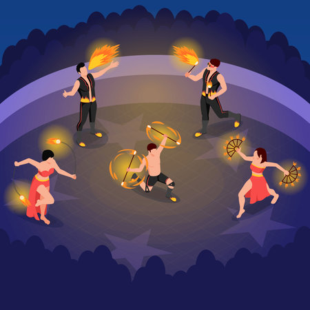 Fireshow people isometric composition with fire dance show symbols vector illustrationのイラスト素材