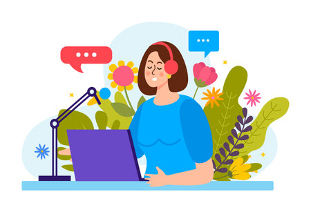Female podcaster with headphones microphone laptop recording podcast on background with flowers flat vector illustrationのイラスト素材