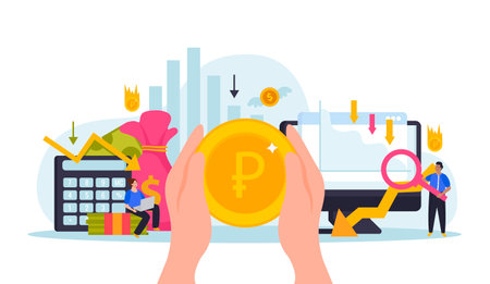 Economy crisis flat composition with human hands holding big coin financial charts symbols and sad people vector illustrationのイラスト素材