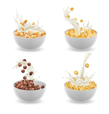 Breakfast cereal plates realistic set with different tastes isolated vector illustrationのイラスト素材