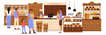 Bakery shop composition bakery with visitors and vendors and freshly baked bread vector illustrationのイラスト素材