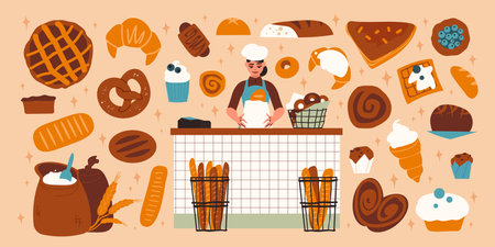 Bakery big icon set buns pies bread waffles muffins cakes flour and a baker in the center works vector illustrationのイラスト素材