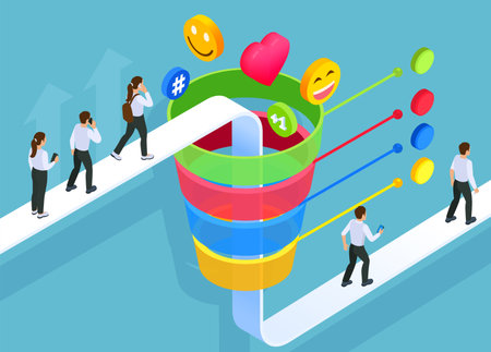 Internet marketing concept infographics background with sales funnel customers and web signs isometric vector illustrationのイラスト素材