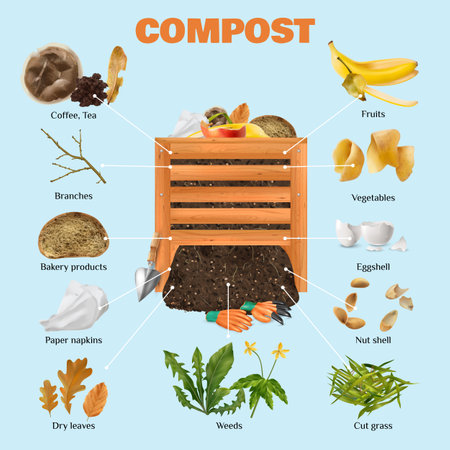 Compost realistic composition with weeds leaves and grass symbols vector illustrationのイラスト素材