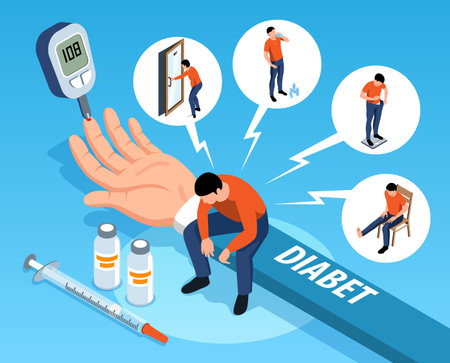 Isometric diabetes composition with text and human character with thought bubbles life situations and insulin syringe vector illustrationのイラスト素材