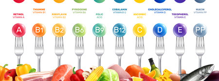 Vitamins realistic composition with horizontal row of forks with  colorful bubbles supplement letters and text captions vector illustrationのイラスト素材